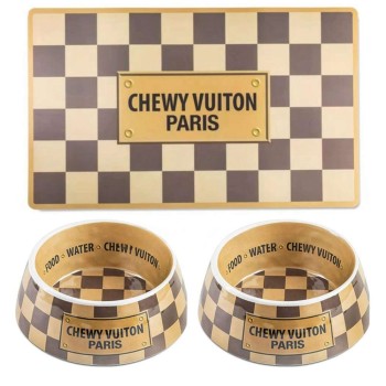 Dog Bowls and Placemats set Designer Dishwasher Safe Food Grade Non-Skid BPA-Free Malamine Bowls and Durable EVA Feeding Placemats with Fun Brand Parody Designs