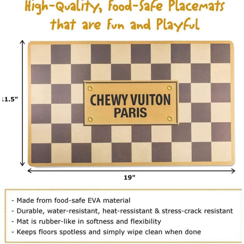 Dog Bowls and Placemats set Designer Dishwasher Safe Food Grade Non-Skid BPA-Free Malamine Bowls and Durable EVA Feeding Placemats with Fun Brand Parody Designs