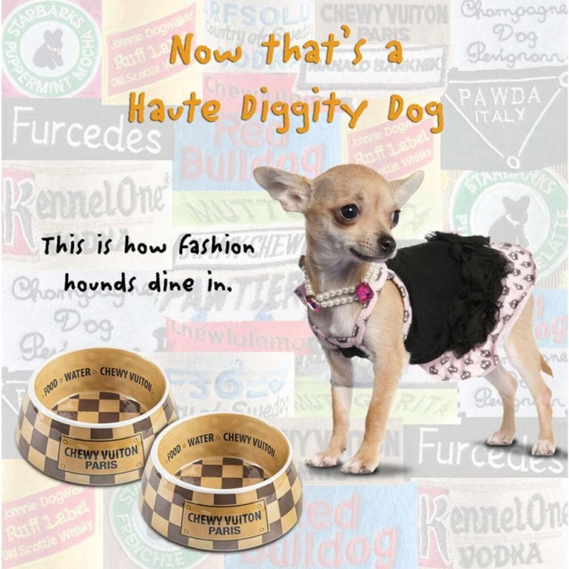 Dog Bowls and Placemats set Designer Dishwasher Safe Food Grade Non-Skid BPA-Free Malamine Bowls and Durable EVA Feeding Placemats with Fun Brand Parody Designs