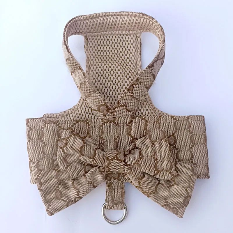 Designer Dog Harness with Bow Knot No Pull Pet Classic letter pattern Harness with D-Ring Soft Mesh Dog Dress Escape Proof Princess Puppy Harness for Small Dogs Cats
