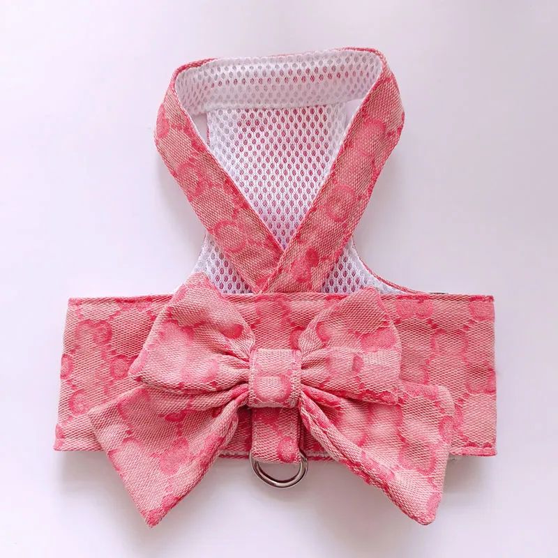 Designer Dog Harness with Bow Knot No Pull Pet Classic letter pattern Harness with D-Ring Soft Mesh Dog Dress Escape Proof Princess Puppy Harness for Small Dogs Cats