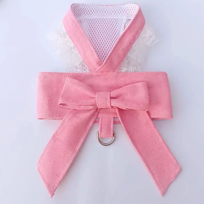 Designer Dog Harness with Bow Knot No Pull Pet Classic letter pattern Harness with D-Ring Soft Mesh Dog Dress Escape Proof Princess Puppy Harness for Small Dogs Cats